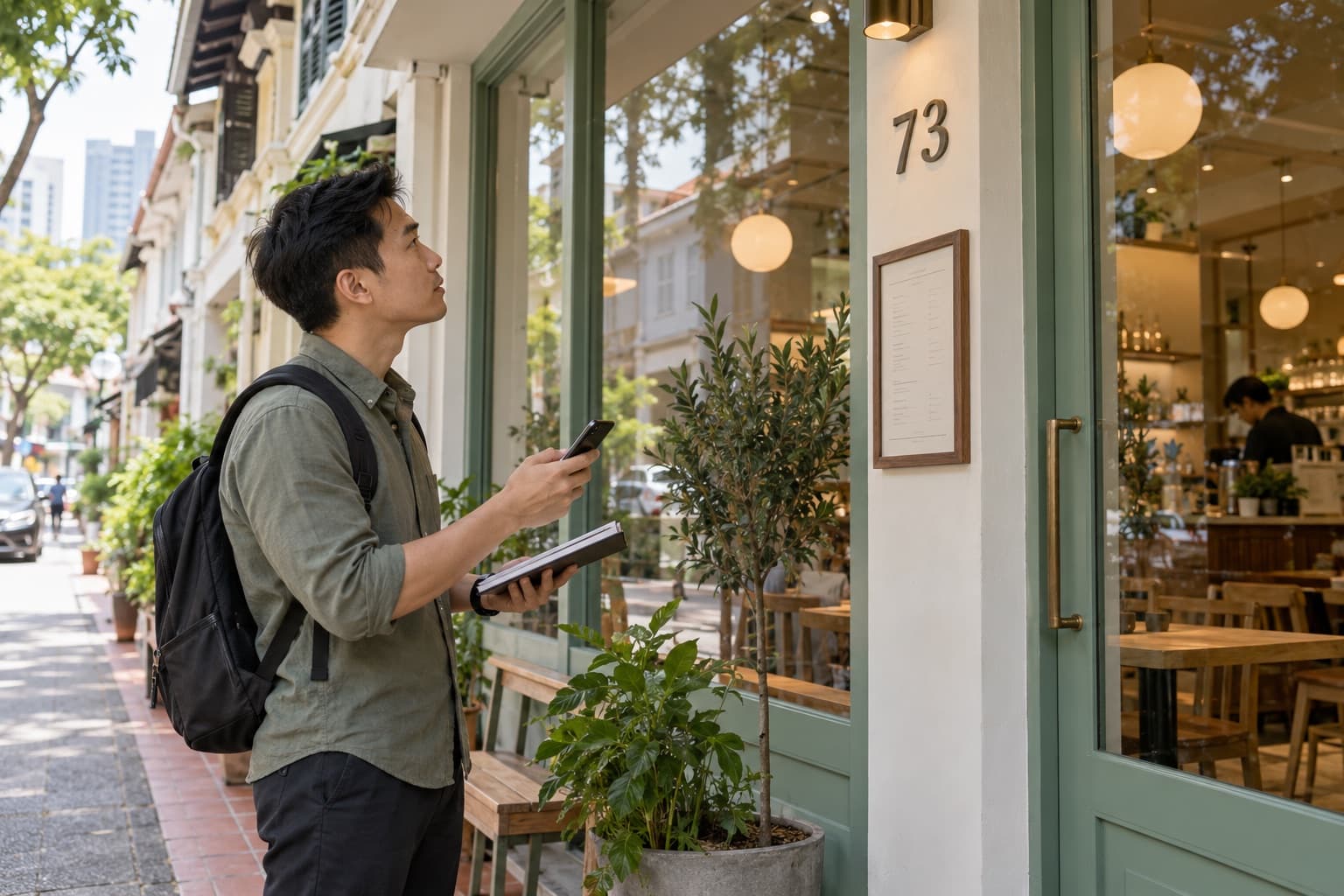 Business operator checking a neighborhood storefront and its location details