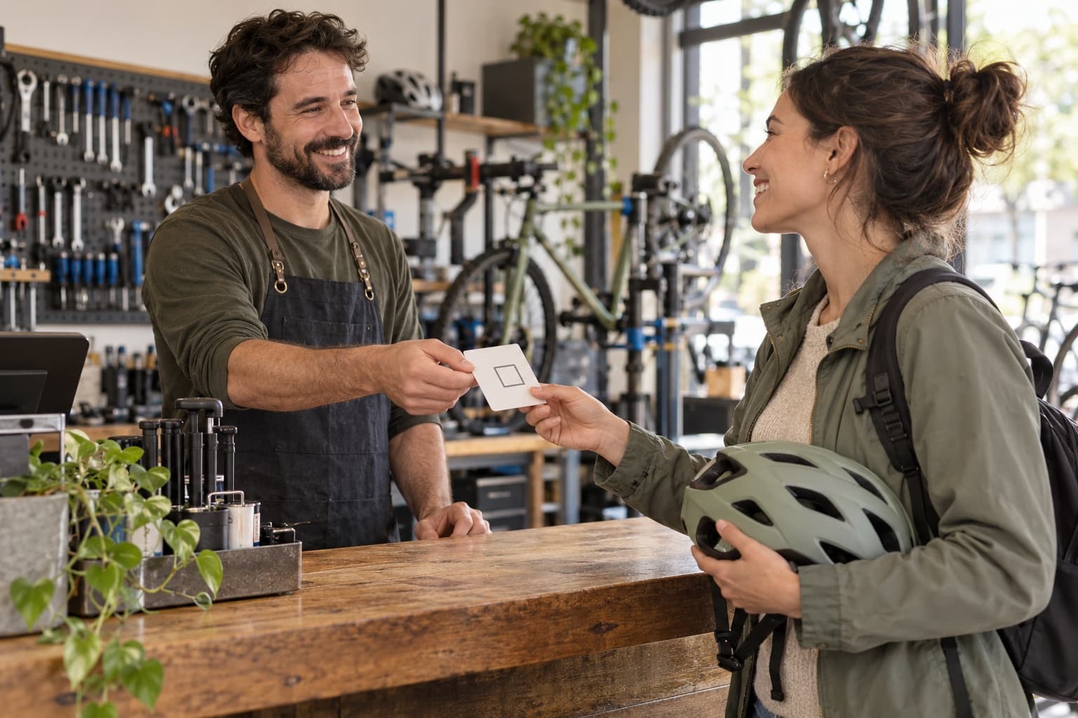 A bicycle repair shop owner giving a customer a card with a review link after service