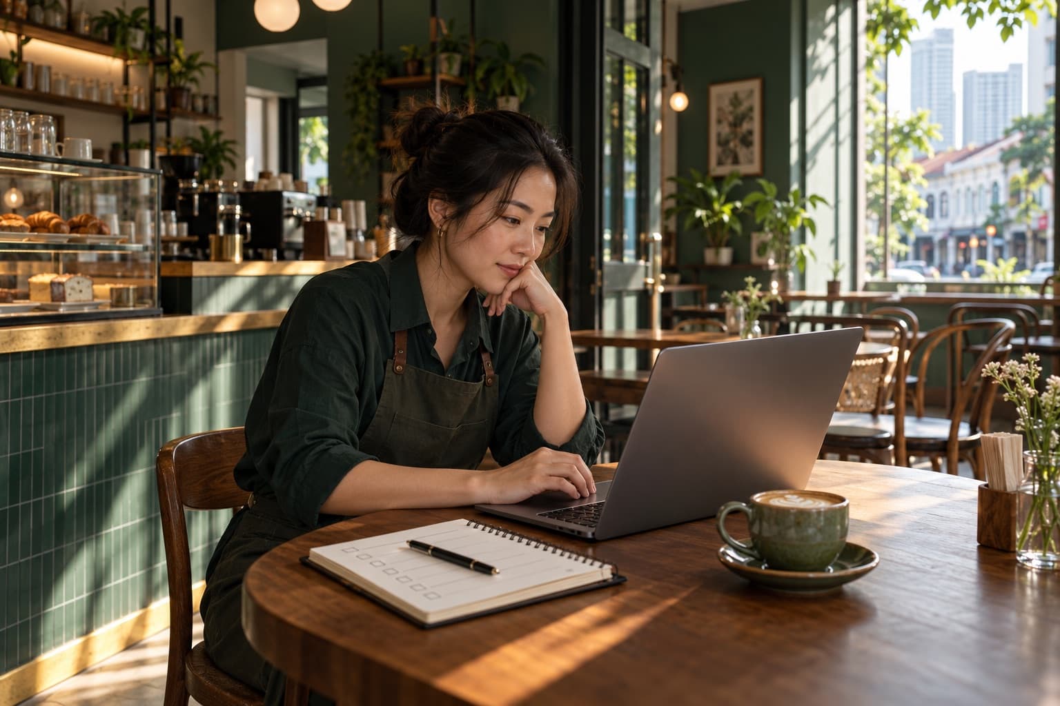 Cafe owner reviewing customer feedback and a weekly checklist before opening