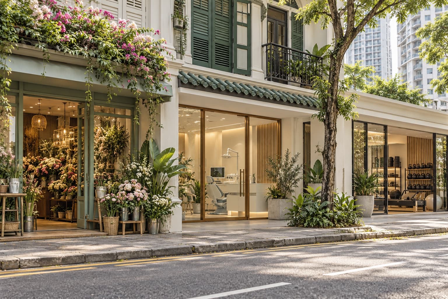 Distinct storefronts for a florist, dental clinic, and fitness studio along a neighborhood street