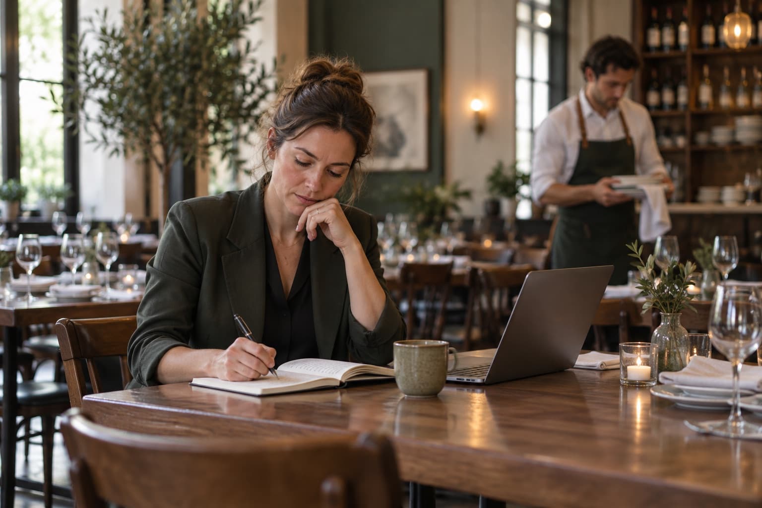 Restaurant manager taking time to write a thoughtful response after service